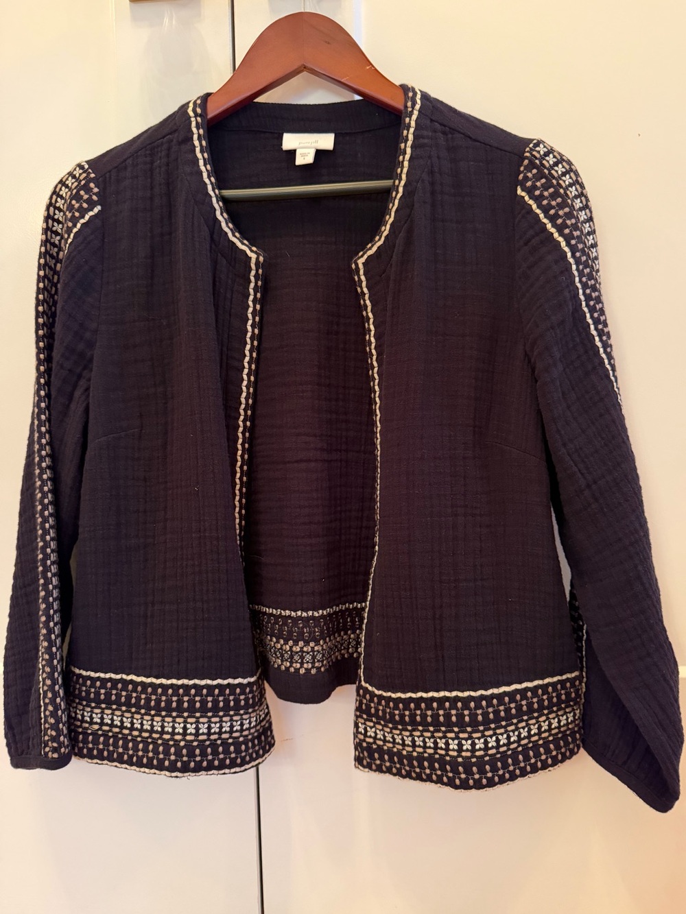Pure Jill Black Double Gauze Cotton Embroidered Open Front Layering Jacket S